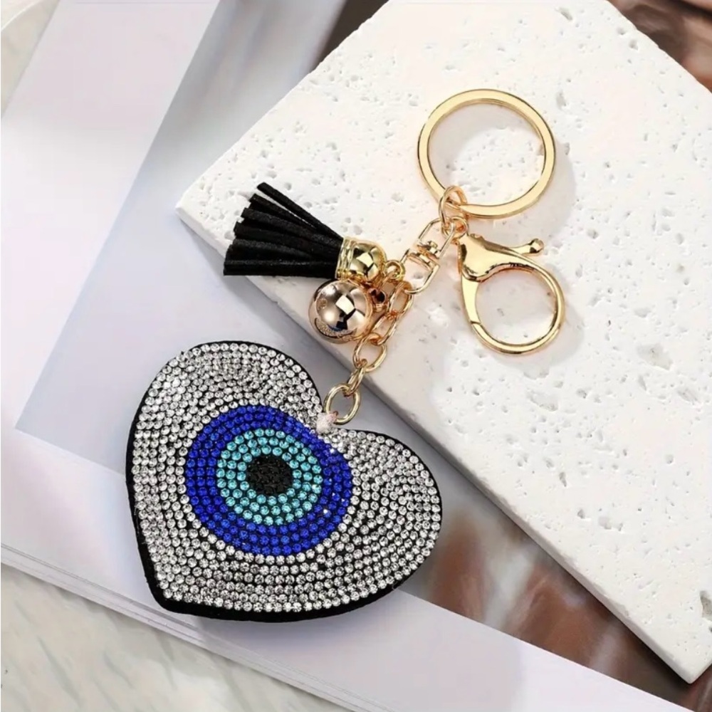 Heart-Shaped Evil Eye Keychain  /fabric and  Rhinestone